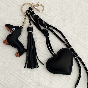 NEW Faux leather Black Dachshund Keychain Charm with Heart and Tassel